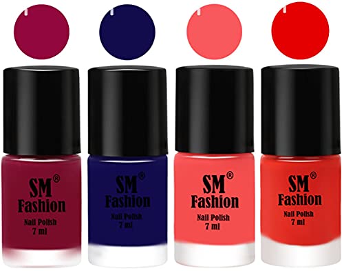 Image of Nail Polish Combo Set (Pack of 4) Quick Dry Gel Finish Nail Paint | Cherry Blossom,Dark Blue,Light Pink,Fire Orange | 7 ml Each