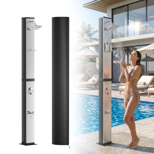 UISEBRT Solardusche 40 Liter mit Schutzhaube und 360° Duschkopf,Gartendusche einstellbare Temperatur bis 60°C,Pooldusche mit Fußdusche für Garten, Camping und Außenbereich,Silber
