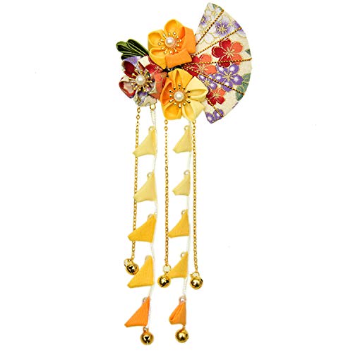 Pomeat Japanese Kimono Flower Hair Clip Kanzashi Hair Ornament Tie Band Clip for Womens Girls Kimono Hanfu Accessories - Yellow