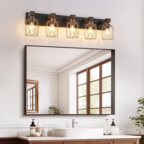 Image of 5-Light Black Gold Farmhouse Vanity Light, Wood & Metal Cage Shade | Mounted Over Mirror, Industrial Rustic Style, Ideal for Bathroom, Bedroom, Hallway & Living Room, Easy To Install