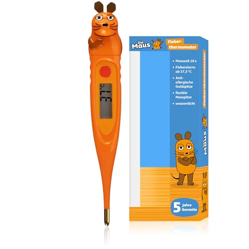 Termómetro digital DieMaus para niños, tiempo de medición corto de aproximadamente 10 segundos, punta flexible, punta dorada antialérgica, alarma de fiebre, indicador de memoria