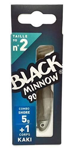 Fiiish Lures - Black Minnow Combo BM90 KAKI - Señuelo Blando de Vinilo para Pesca Spinning de Bass Lubina y otras especies - 1 Cabeza 5g Kaki + 2 Cuerpos + 1 Anzuelo Nº2