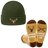 ZJKUBOIS Jäger Geschenke,Jagd geschenke Strickmütze Socken Set, Jagdzubehör Einheitsgröße Mütze mit Hochwertige Hirschkopf Stickereien, Jagdsocken, Winter Jagdbekleidung, Jagd Ausrüstung für Männer