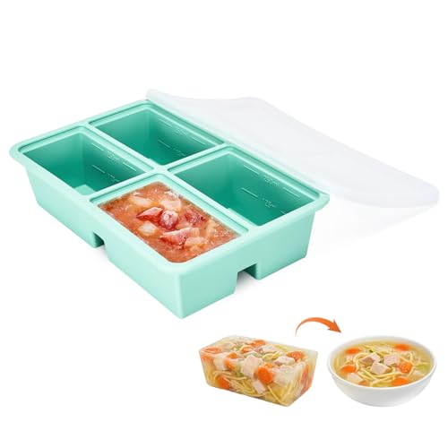 1 Pack Extra Large Soup Containers for Freezing, Silicone Cube Soup Freezer Mould with Lid, Meal Prep Soup Storage Containers, Large Ice Cube Tray for Sauce, 4-Compartment Freezer Container,Green