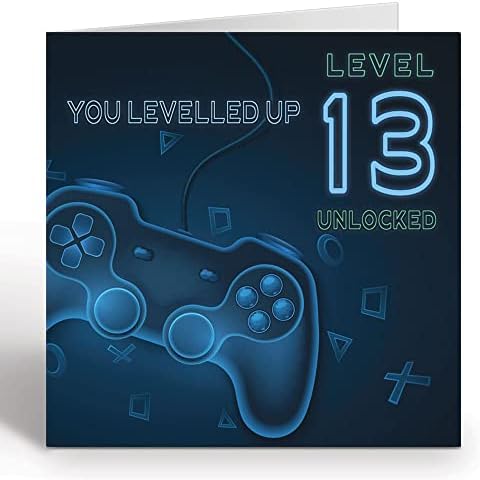Teenager Gamer Birthday Card For 13 Year Old Girl or Boy - Level 13 Unlocked Controller Gaming Birthday Card With Blue Envelope - Eco Friendly Card By Giggle Greetings®