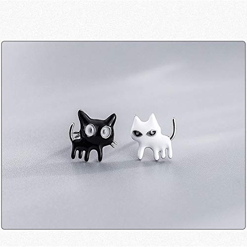Asymmetrical Black White Cat Earrings For Women Girls Teens 925 Sterling Silver Enamel Cats Kitten Cute Animal Small Studs Earring Hypoallergenic Lovely Jewelry Gift For Pet Lover #TOP3