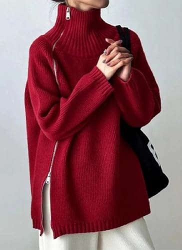 Women's Oversized Sweaters Red Turtleneck Zip Pullover Sweater 2025 Fall Winter Long Sleeve Ribbed Knit Jumper Tops2