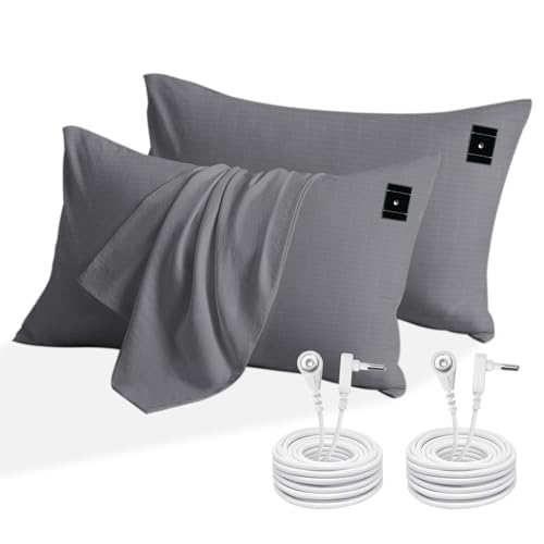 2PCS 20*30Grounding Pillowcase with Grounding Cord Soft and Comfortable Cotton Grounding Pillow Cover Reduce Inflammation Sleep Therapy Conductive Pillowcases (Gray)