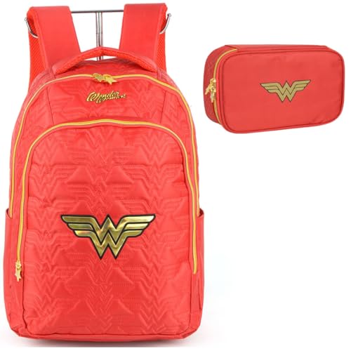 Mochila Infantil Mulher Maravilha com Estojo 100 Pens
