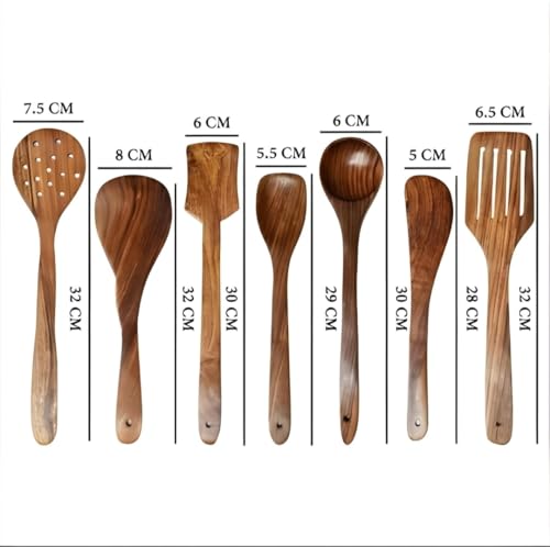 Image of Premium Wooden Kitchen Utensil Set - 5 Piece Natural Teak Wood Cooking Tools, Spatula, Ladle, Spoon Set - Non-Stick Safe, Heat Resistant, Eco-Friendly Kitchen Accessories (Pack of 5)