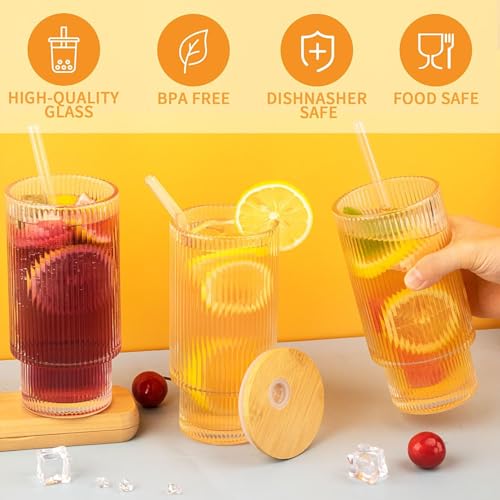 Image of Kamvy Ribbed Glass Tumbler with Wooden Lid & Straw Pack of 1, 400ml Multipurpose Drinking Water Glasses Coffee Sipper Mugs for Juice Smoothies Iced Tea Indoor & Outdoor Cup (Ribbed.)
