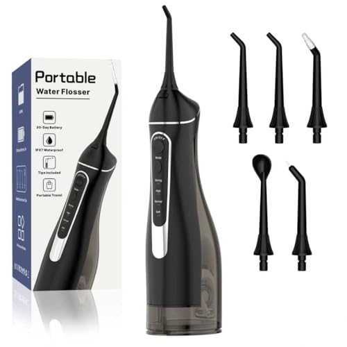 Cordless Portable Water Flosser with 300ML Tank: Rechargeable Oral Irrigator with 5 Tips for Travel, Braces Care and Sensitive Gums, IPX7 Waterproof Teeth Cleaning Device(Black