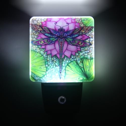 Image of Dragonfly And lotus flower Plug-in LED Night Light,Smart Auto Dusk to Dawn Sensor Nightlights Plug into Wall,White Energy Efficient Night light for Kids Bedroom,Bathroom,Kitchen,Stairs,Hallway