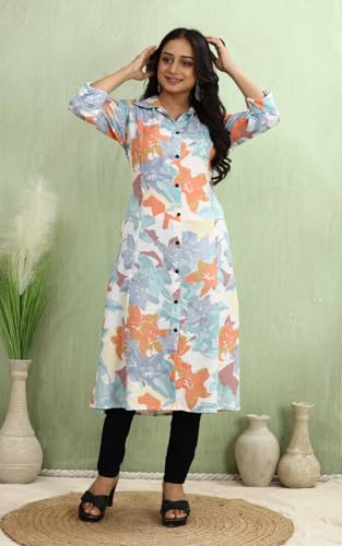 Image of KESUDI A Line Dresses for Women Western Rayon Floral One Piece Dress for Women | Stylish Flared Roll Tab Sleeve | Knee Length Midi Maxi Dress | Wear as Beach, Party