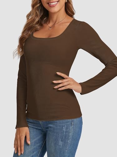 Image of Womens Long Sleeve Scoop Neck Shirts Ribbed Knit Tops Slim Fitted Tees Basic Casual Fall Outfits