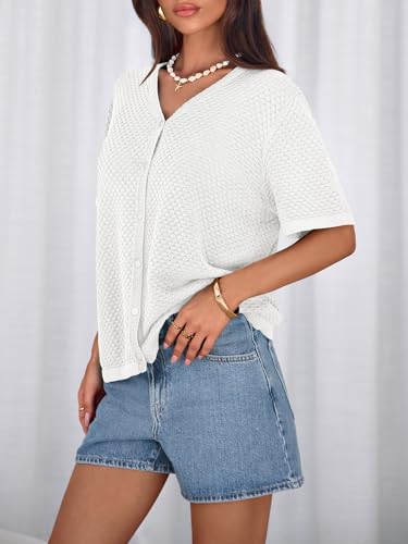 Image of NALANISA Women's Short Sleeve Sweater Spring Summer Crochet Knit Tops 2026 V Neck Striped Button Down Dressy Casual Blouses