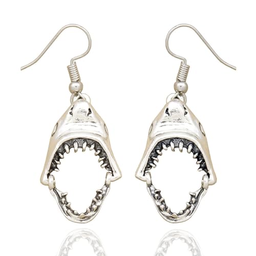 RechicGu Vintage Silver Shark Hinged Moveable Tooth Fish Skull Hell Demon Mouth Dangle Earrings Fancy Dress RechicGu Vintage Silver Shark Hinged Moveable Tooth Fish Skull Hell Demon Mouth Dangle Earrings Fancy Dress