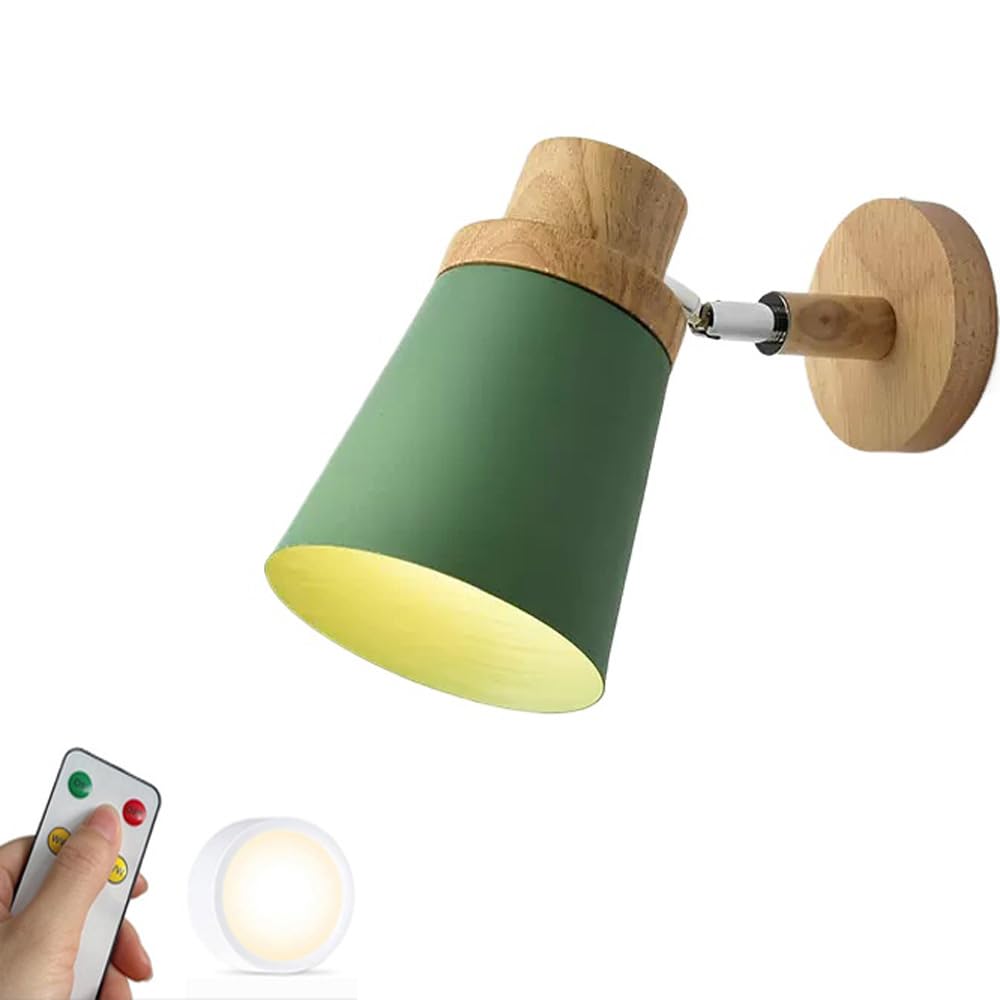 ZVALIEVYE Modern Battery Operated Wall Sconce with Wood Industrial Remote Control Wireless Wall Sconce Light USB Rechargeable Cordless Wall Mounted Lamp for Bedside Bedroom Headboard/Green