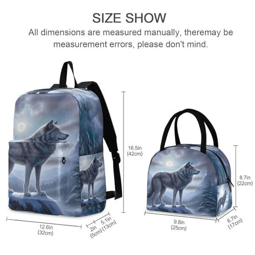 Wolf on Mountain Print Backpack Set with Lunch Bag, Large Capacity Travel Backpacks and Lunch Box Insulated for Commute Hiking Picnic2
