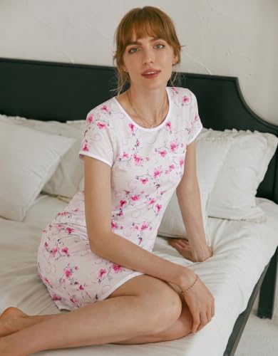 Image of Ekouaer Womens Nightgown Sleep Shirt Dress Satin Patchwork Short Sleeve Sleepwear with Pocket