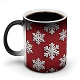 Jubonexis Taza de café de cerámica con diseño de copo de nieve blanco sobre rojo, diseño navideño que cambia de color, taza de café novedosa divertida taza de té y agua, 11 onzas