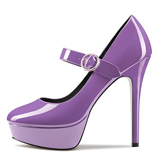 DearOnly Womens Platform Pumps Mary Jane Closed Round Toe Stiletto High Heel Ankle Strap Slip On Patent Dress Shoes Shopping 5 Inch2