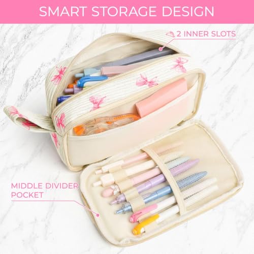 Image of WOBAGMEN Cute Pencil Case,Large Corduroy Zippered Pencil Case Pouch, aesthetic Pencil Bag with Compartments(Pink Bow Cute)