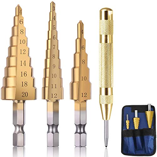 Aufondof 4Pcs/Set Titanium Coated Step Drill Bit Set, HSS Hex Shank Metal Multiple Hole Step Drill Bit Kit / 3-12mm 4-12mm 4-20mm with Blue Nylon Storage Pouch for DIY Woodworking, Metal, Plastic