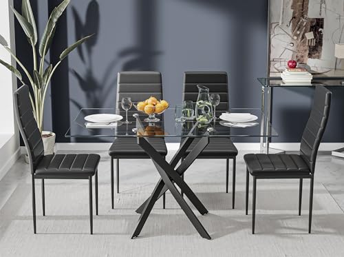Image of 5 Piece Dining Table Table Set, Tempered Glass Dining Table Set for 4 Kitchen Table Set with 4 Upholstered High-Back Chairs for Kitchen Dining Room (Black Table with Black Chair)