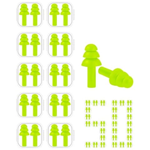 50 Pairs Reusable Silicone Ear Plugs - Waterproof, Hypoallergenic - Ultra Comfortable Noise Reduction Earplugs for Swimming, Concerts, Snoring, Loud Noise, NRR 26dB with Carry Case (Fluorescent Green) Cover