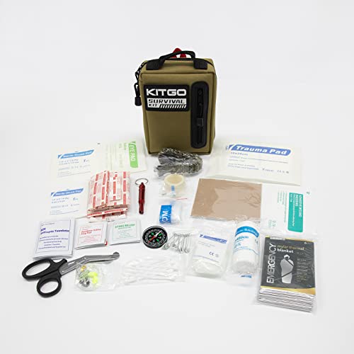 Kitgo Camping Survival Kit First Aid 101 Piece Professional Emergency Survival Gear Tool For Hunting Hiking Outdoor Adventure Fishing Travel Military Tropical Storms (Khaki) #TOP3