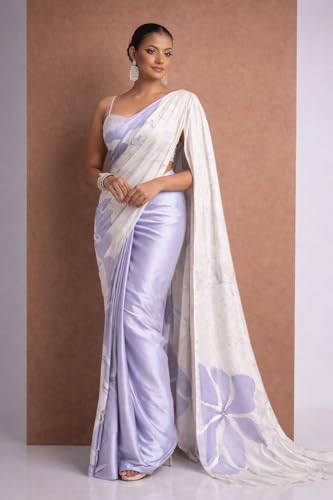 Image of Japan Satin Floral Print Saree for Women with Blouse Piece - Satin Finish Draped Saree