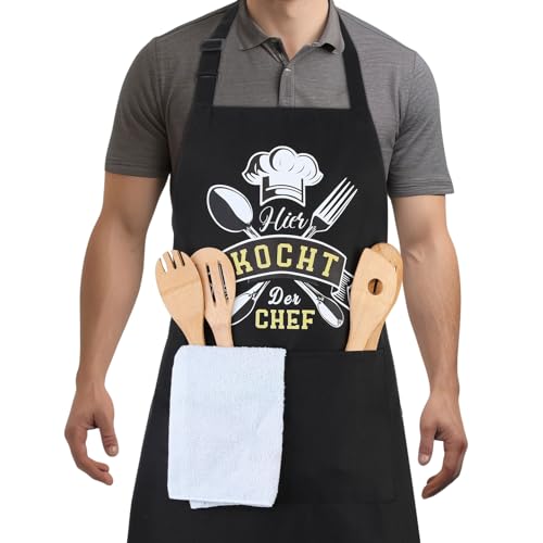 Livdouyu Kochschürze Herren Grillschürze für Männer Lustig Persönlich Wasserdicht Verstellbare Küchenschürze mit HIER KOCHT DER CHEF Fronttaschen Witziges BBQ Geschenk zum Vatertag oder Geburtstag