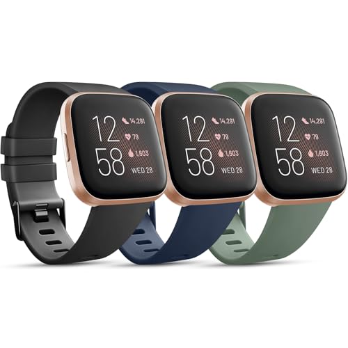 PACK 3 Soft Silicone Bands Compatible for Fitbit Versa Adjustable Sport Bands for Women Men Small Large (Black+Abyss Blue+Cactus, Large)