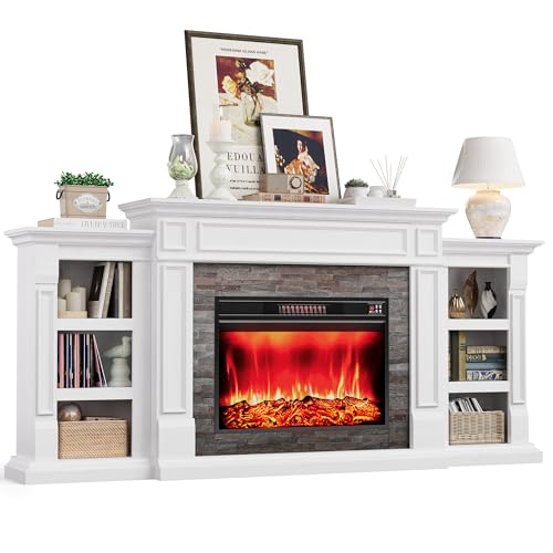 80" Electric Fireplace with Mantel, Fireplace TV Stand for TVs Up to 90 Inch, Modern Entertainment Center with Storage, Realistic Stacked Stone Surround with Remote Control for Living Room, Bedroom