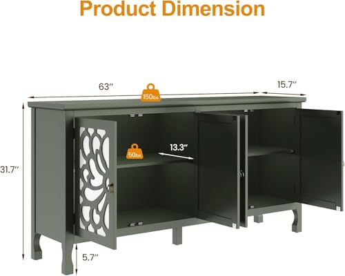 RoyalCraft 63'' Buffet Cabinet with Mirror Butterfly Carved Door, Sideboard Cabinet with Adjustable Shelves, Vintage Accent Credenza Media Console for Entryway, Kitchen, Forest Green by RoyalCraft - Image 2