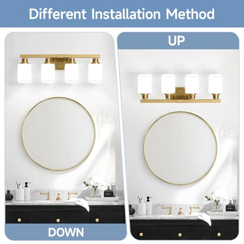 Image of Brushed Gold Bathroom Vanity Light,4-Light Bathroom Light Fixtures with Square Frosted Glass,Gold Bathroom Wall Lamp Sconces for Mirror Bedroom,Living Room Hallway,E26