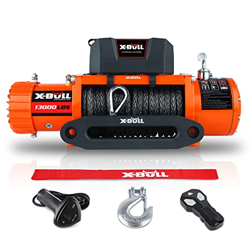 X-Bull - Traction Products & Winch - 12V Synthetic Rope Winch - 13000 lb Load Capacity Electric Winch Kit - Waterproof IP67
