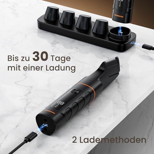 MAXGROOM 5-IN-1 Intimrasierer Mann, MAXGROOM Körperrasierer Herren mit Ladestation, IPX6 Wasserdichter Rasierer Herren Elektrisch für Intimbereich, Bart, Körper, Hoden und Scham, Mit LED-Anzeige, 120 Min Akku - Designansicht 6 | Tages Deals