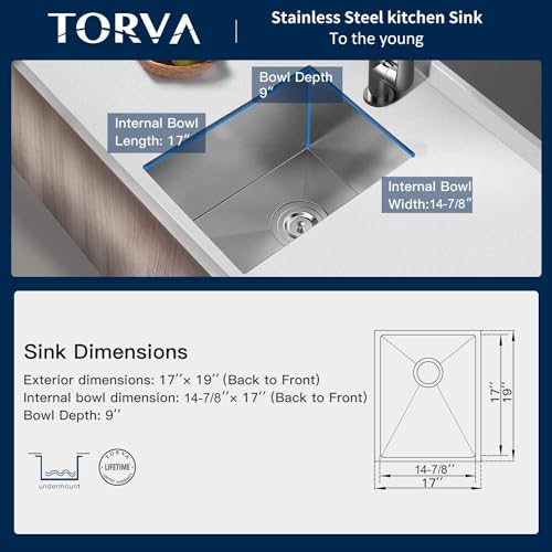 TORVA 17 x 19 Inch Undermount Kitchen Sink, Premium 304 Stainless Steel Bar Sink - 9 Inches Deep Basin Single Bowl Sink