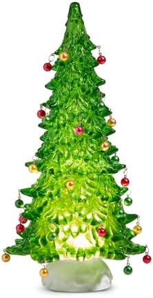 Raz Imports Lighted Green Christmas Tree with Ornaments and Swirling Glitter 14.5-inch Height, Holiday Decoration