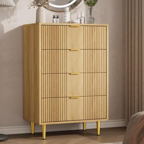 Garvee Fluted Dresser for Bedroom with 4 Drawers, 36.9" Tall Modern Chest of Drawers with Metal Handle, Wooden Closet Clothes Storage Organizer for Living Room, Hallway, Natural Oak