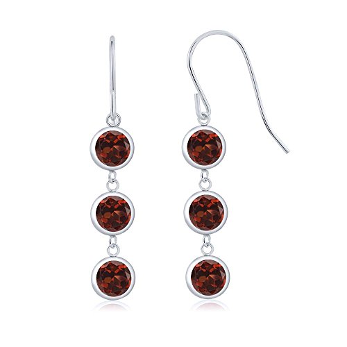 Gem Stone King 3.60 Ct Round Red Garnet 925 Sterling Silver 3 Stone Dangle Earrings