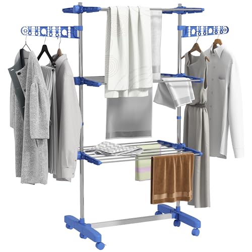 HOMCOM Séchoir à Linge étendoir Pliable Ailes latérales Utilisation intérieure et extérieure 142 x 55 x 152 cm 3 Niveaux Bleu