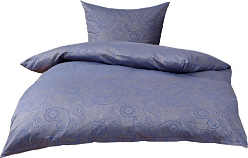 Bettwaesche-mit-Stil Mako Satin Damast Paisley Bettwäsche Garnitur Davos 155x220 + 80x80 blau - grau (Royalblau)