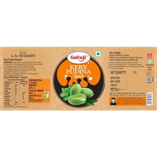 Image of Shree Guruji Kery Pudina Sharbat 1 Litre Summer Drink Raw Mango Mint Syrup Instant Summer Refreshing Beverage Aam Panna Style Cooling Drink Squash for Juice Mocktail Falooda Dessert Topping