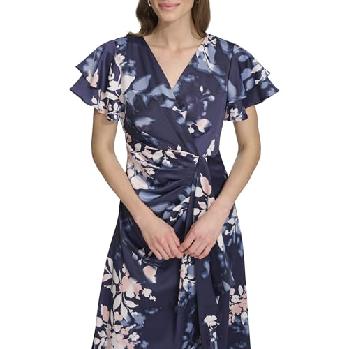 DKNY Women's Short Flutter Sleeve Surplice Neck Draped Bodice Evening Gown2