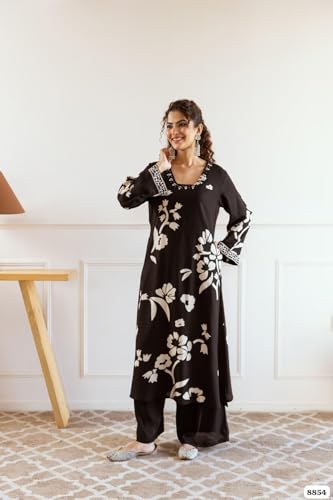 Image of BLOOMORAA BY PRAGYA Kurta Plazo Set for Women's| Printed Rayon Kurti Plazo Black |Womens Rayon Kurta Set with Palazzo Pant