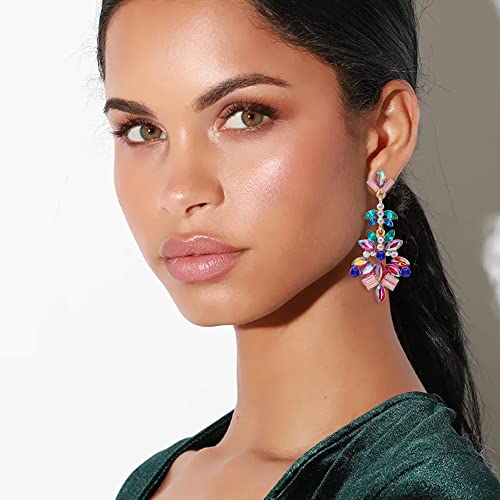 Elequeen Fashion Vintage Style Statement Drop Dangle Earrings Marquise Square Cluster Art Deco Crystal Earrings For Women Girls Multicolor Gold-Tone #TOP1