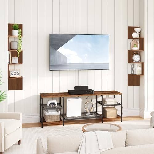 Image of HOOBRO Corner Shelf Wall-Mounted, Set of 2 Floating Corner Shelves for Wall, 4-Tier Corner Bookshelves for Living Room, Bedroom, Bathroom, Home Office, Walnut WL25BJP201